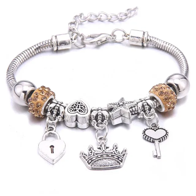 Antique Crown key lock Shape 6-colors crystal Charm Bracelets for Women Glass Beads Brand Bracelet & Bangle DIY Jewelry Gifts 6