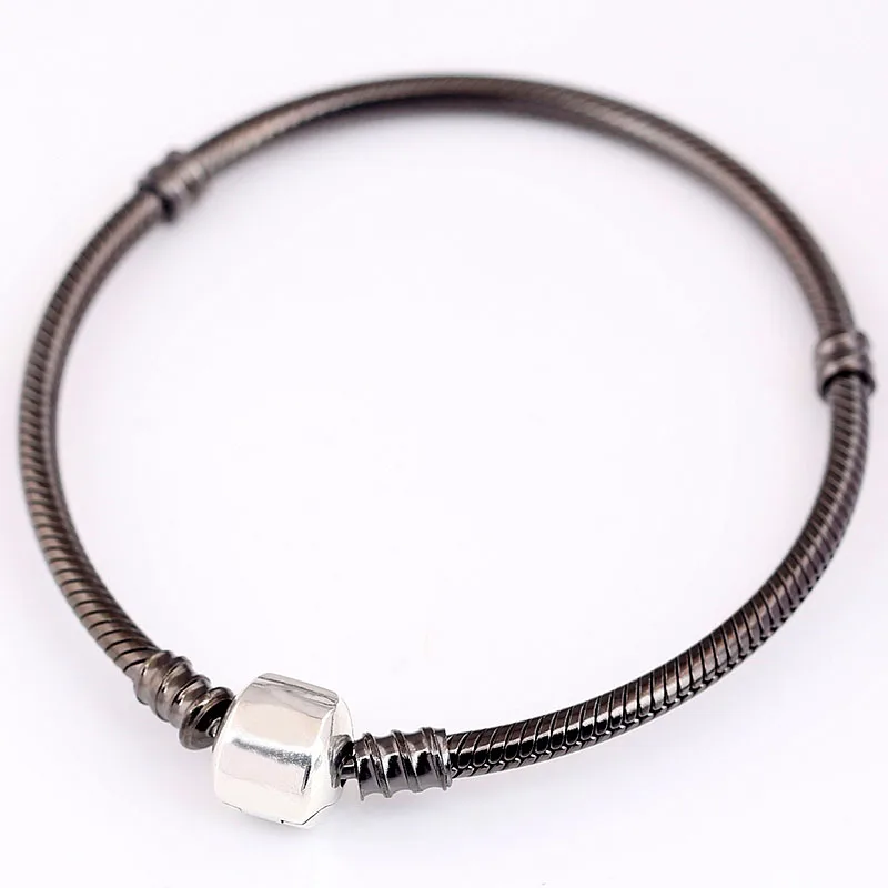 Original Oxidised Snake Chain Lobster Barrel Clasp Bracelet Bangle Fit 925 Sterling Silver Bead Charm DIY Europe Jewelry