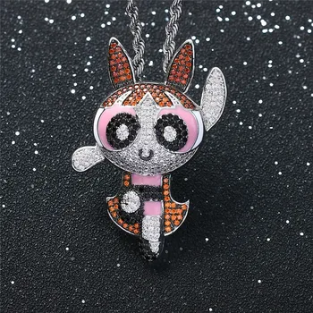 

new fashion Hip Hop Jewelry Cartoon Girl Blossom Pendant Pave Cubic Zircon Iced Out Necklace For Women Girl Party Jewelry Gift