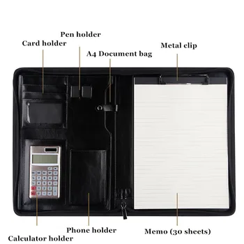 

Business A4 PU Leather Folder Note Manager Zipper Document Bag Multi-function Sales Metal Clip Calculator Card Holder Stationery