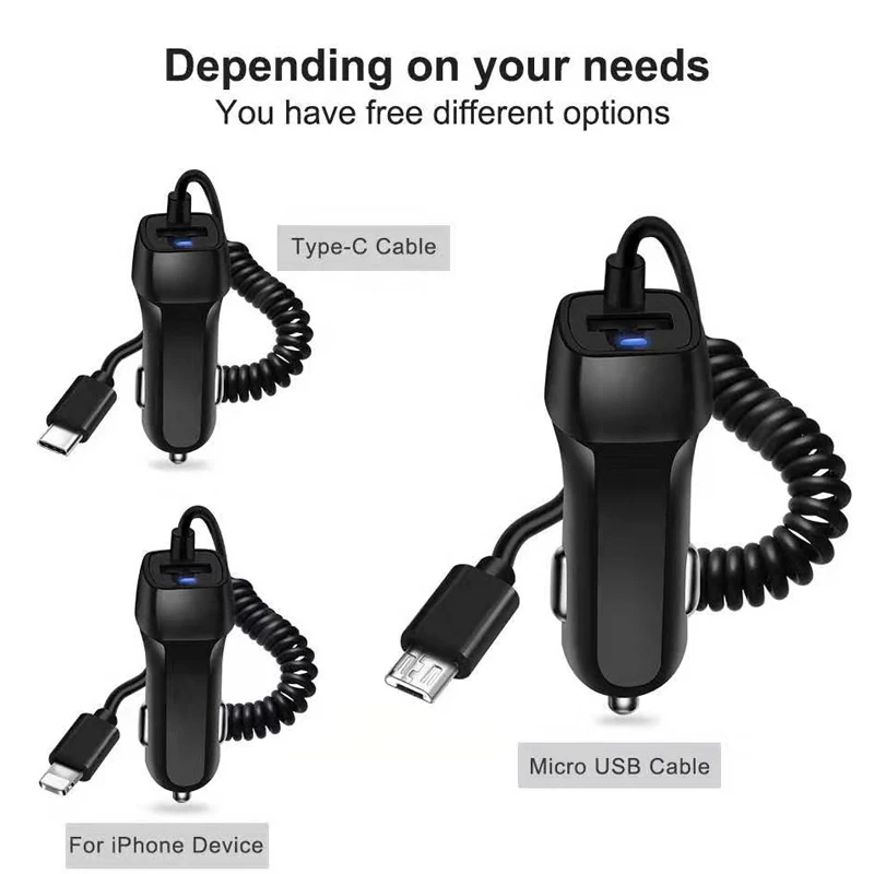 Car Charger With USB Cable Mobile Phone Charger For iphone 11 7 Samsung S10 Xiaomi Micro USB Type C Cable Fast Car Phone Charger