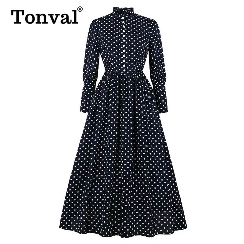 

Tonval Frilled Stand Collar Button Vintage Polka Dot Maxi Dress Autumn Women Long Sleeve Pleated Retro Elegant Long Dresses