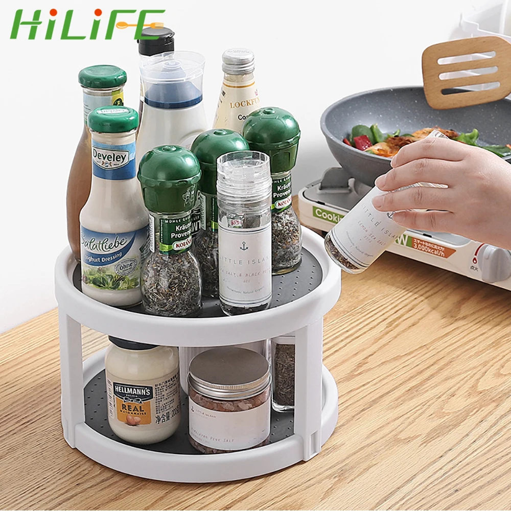 Hilife 2 Tier Condiment Storage Rack Rotating Organizer Round Shelf Spice Rack Kitchen Storage