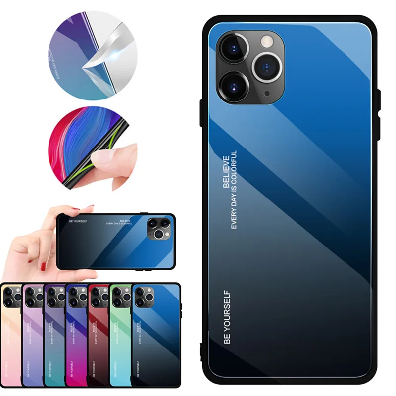200 шт Лазерная Радуга градиентный чехол для iPhone 11 Pro Max XS XR X 8 7 6 6S Plus закаленное стекло мягкий полиуретановый край против царапин крышка