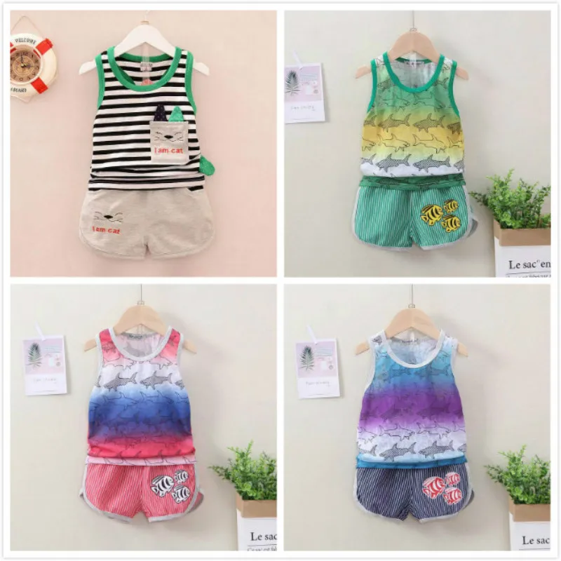

Summer Baby Boys Girls Clothes Sets Cartoon Cat Fish Print Kids Clothes Vest Tops+Shorts 2 PCS Set Princess Tracksuit Outfits