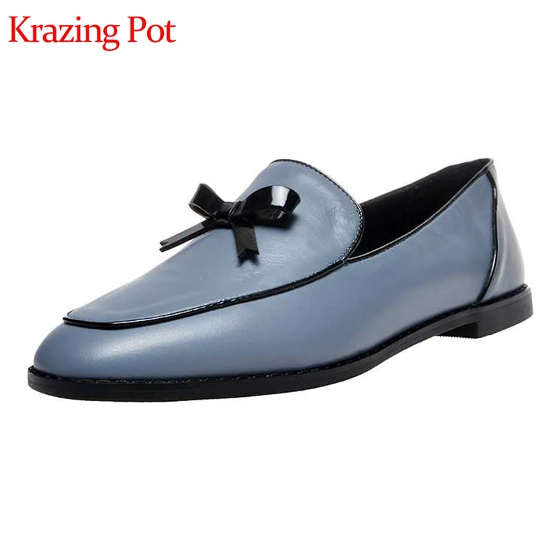 Krazing Pot/ г. Обувь из натуральной кожи на низком каблуке с круглым носком, с бантом-бабочкой, шарф с подвеской, цветная школьная Осенняя обувь в британском стиле, L19