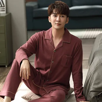 

Autumn and Winter Pajamas Men's Cotton Long-sleeved Pijamas for Men Lapel Solid Color Cardigan Home Clothes Two-piece Suit