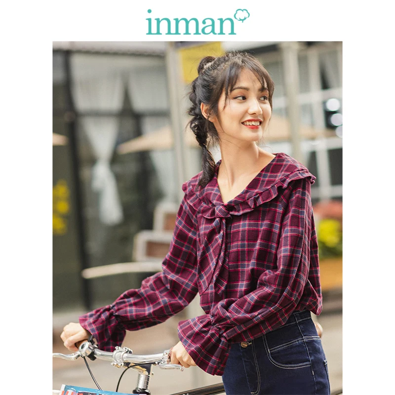 

INMAN 2019 Autumn New Arrival 100%Cotton Retro Plaid Lace Turn Down Collar Flare Sleeve Sweet Cute Women Blouse