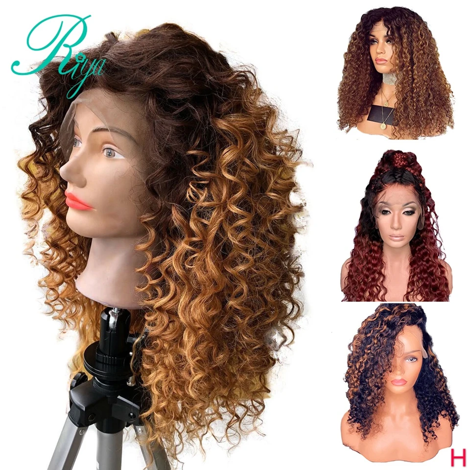 13X6 Red Burgundy Blonde Color Curly Lace Front Human Hair Wigs High Ratio 8-24 150% Closure PrePlucked Wig Brazilian Remy Riya