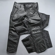 Мужские брюки из натуральной кожи, профессиональные мотоциклетные байкерские брюки, защитная экипировка из коровьей кожи, регулируемые эластичные теплые штаны на липучке