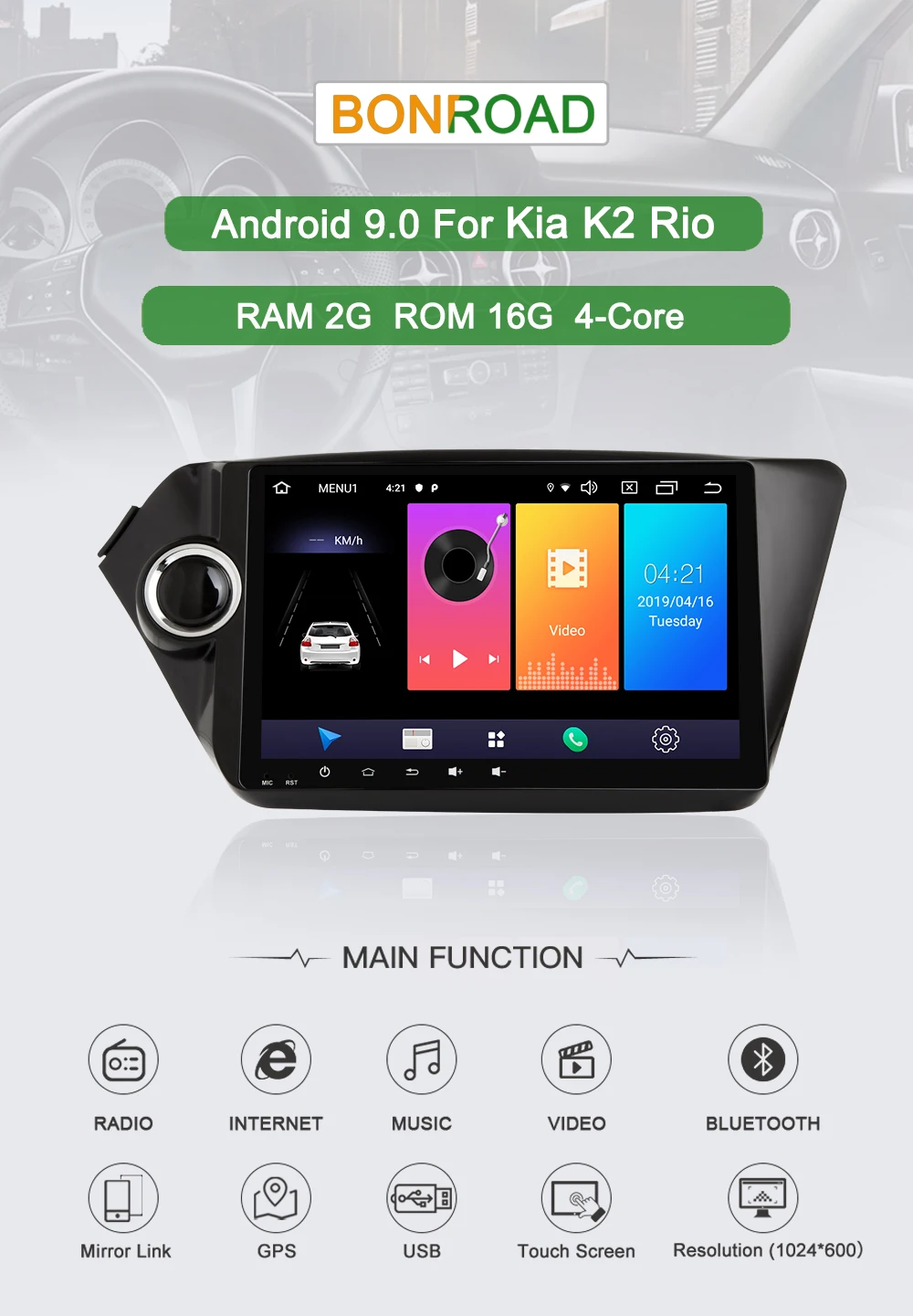Excellent Bonroad 9" Android 9.0 Car Multimedia Player stereo receiver for K2 Rio 2010-2015 GPS Navigation Car Video Player Ram 2G Rom16G 0