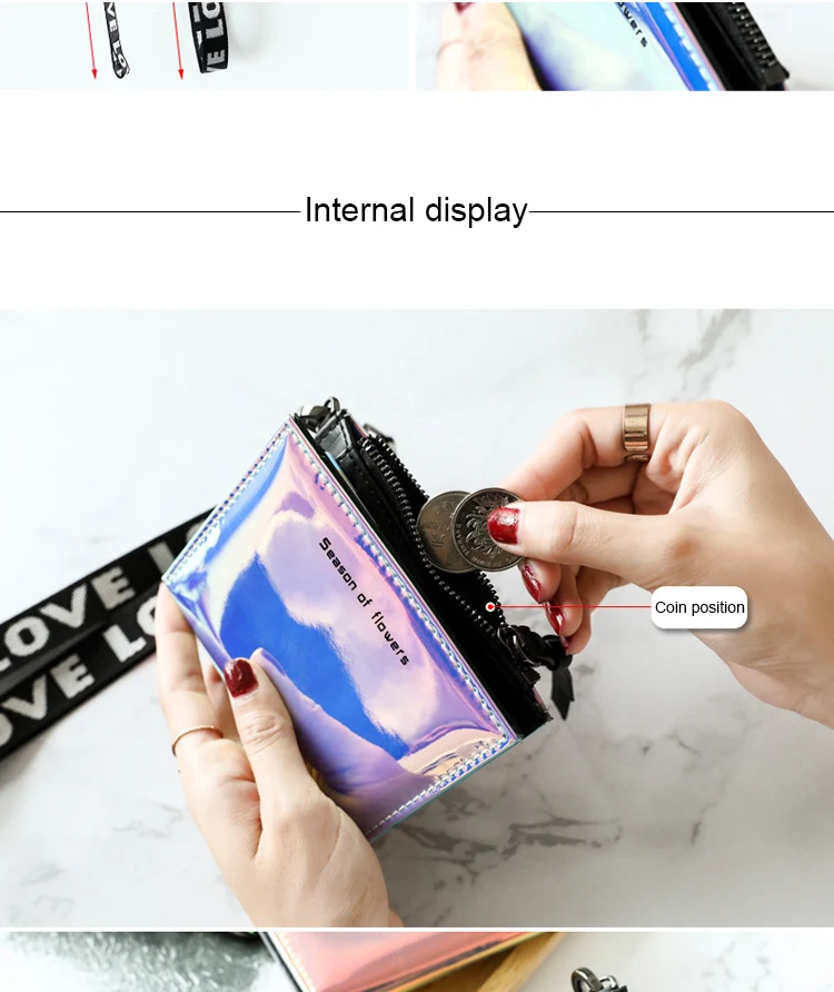 New Lanyard Laser Holographic Wallet Women Long Purse Female Clutch Bag Women Wallets Purses Zip Phone Pocket