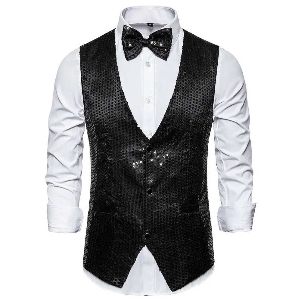 6 Styles Men Wedding Stage Show Gold Shiny Sequins Bow Vest Waistcoat Blue Black Silver Suit Vest Gilet Homme Classic Vests 2Pcs 5