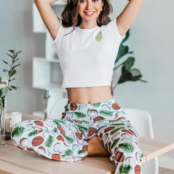2021 Summer New Style Women's Home Printing Round Neck Short-sleeved T-shirt Trousers Comfortable Pajamas Casual Cute Pajama