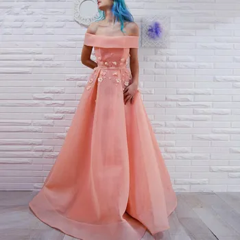 

Pink Muslim Evening Dresses A-line Off The Shoulder Tulle Flowers Islamic Dubai Saudi Arabia Long Formal Evening Gown Prom