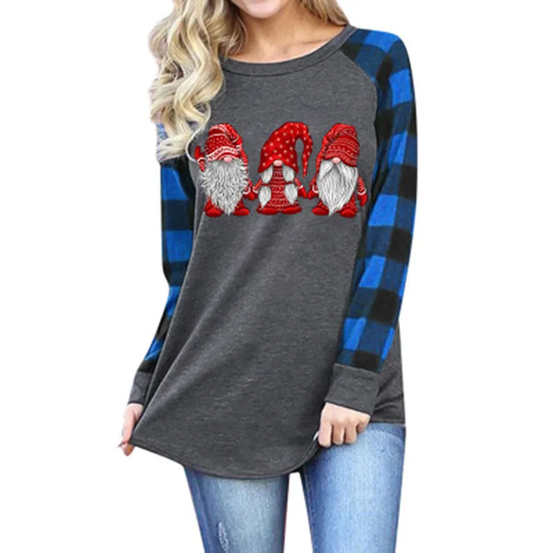 

Women T Shirts Christmas Autumn New Elk Tree Letter Printed Happy Camper Long Sleeve O Neck Plaid Patchork Tops Tee Plus Size