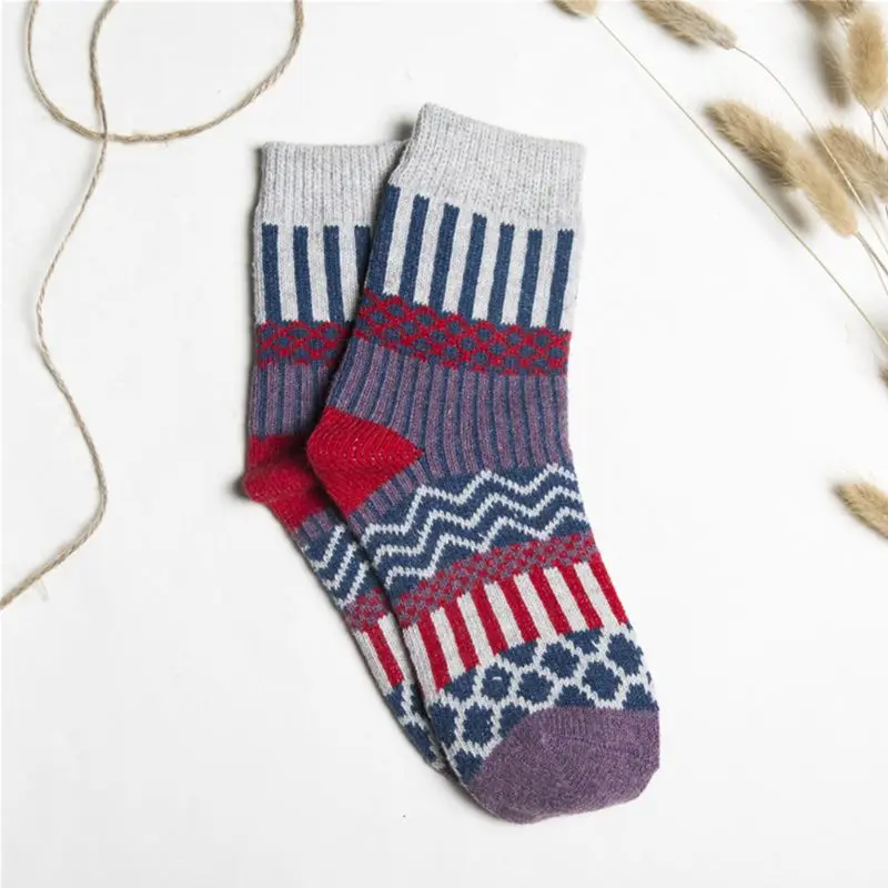 5 Pair Women Girl Socks Soft Wool Warm Winter Thick Geometry Printing Comfortabe B0KD