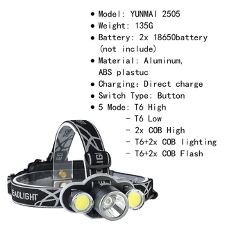 

6000lm T6 + 2x COB LED Headlight Head Torch 5 Modes 18650 Flashlight with Charger