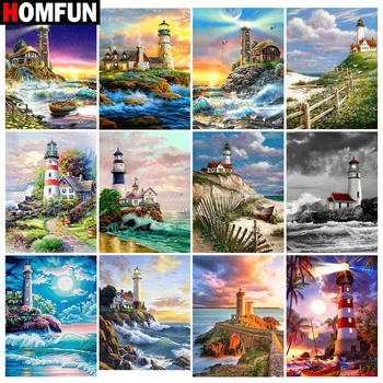 

HOMFUN DIY 5D Diamond Painting "lighthouse scenery" Full Diamond Embroidery Sale Picture Of Rhinestones For Festival Gifts