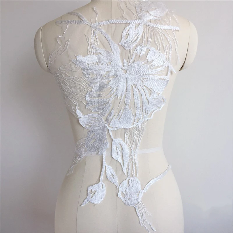 

1 Piece Embroidery Lace Patch Bridal Applique Tulle DIY Wedding Dress Ivory White Fabric 34x55cm