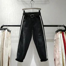 Новинка, осенние и зимние черные джинсы с высокой талией, женские свободные джинсовые шаровары, женские студенческие повседневные длинные штаны