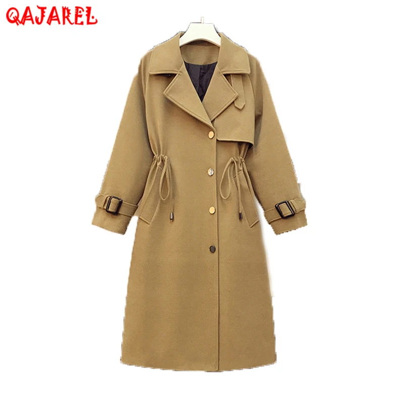 

Autumn Winter Black Woolen Windbreaker Women Long Sleeve Solid Korean Hepburn Coat 2024 New Elegant Bodycon Office Lady Top Coat