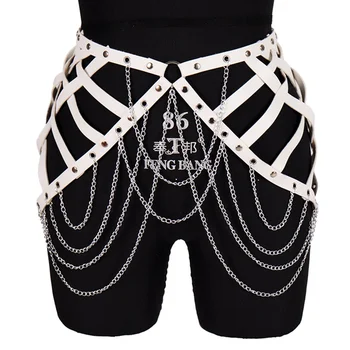 

Leather Harness Garter Cage Waist Skirt Bondage Stockings Suspender Hollow Out Metal Chain Harajuku Goth Adjust Belt for Women