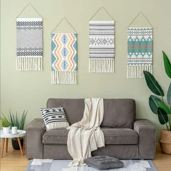 

Geometric Tapestry Hand Knotted Tassel Wedding Printed Wall Hanging Decor Muslim Ornament Boho Macrame Home Decor Tapestries