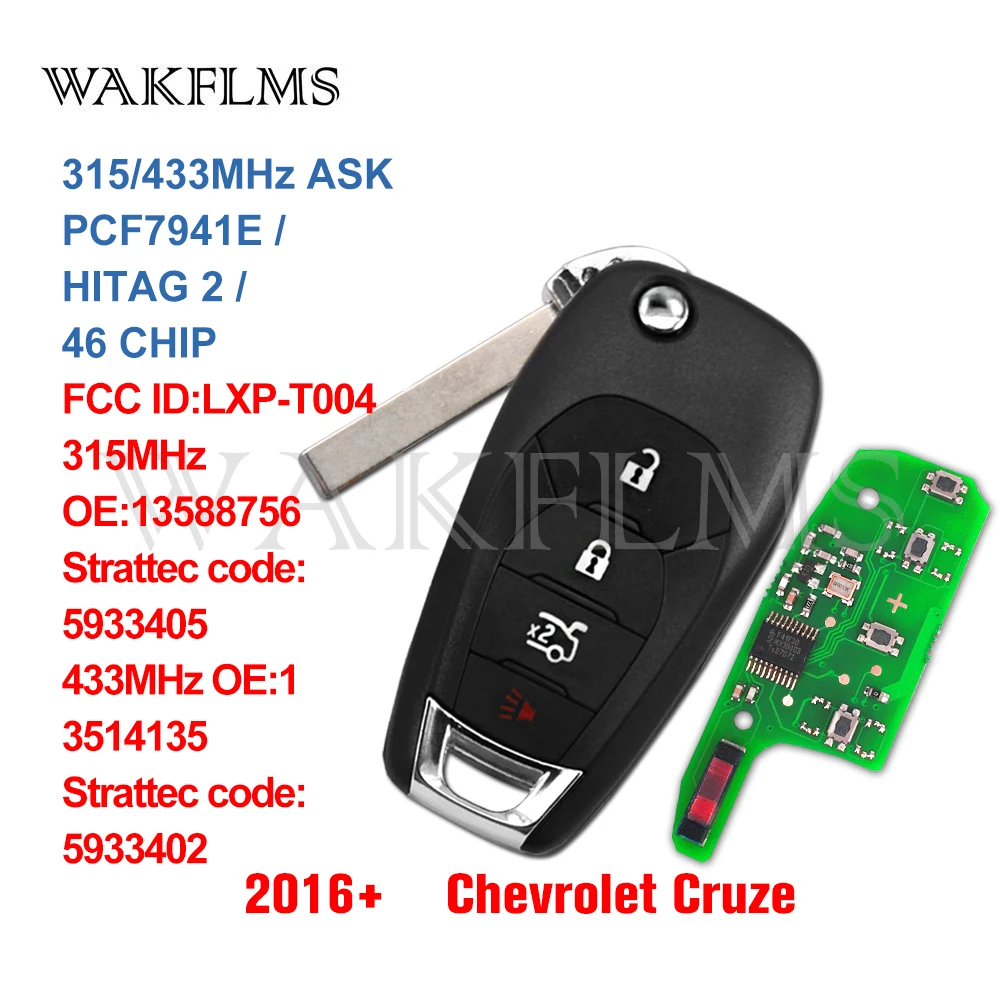LXP-T004 4 Button Remote Flip Key 315MHz 433MHz PCF7941 Fob for 2016 2017 2018 Chevrolet Cruze RPO-XL7 5933405 RPO-XL8 5933402