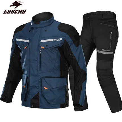 LYSCHY холодный зимний мотоциклетный костюм туристическая куртка для мотоспорта+ брюки со съемным CE протектором и подкладкой - Цвет: LY-903-602 Blue