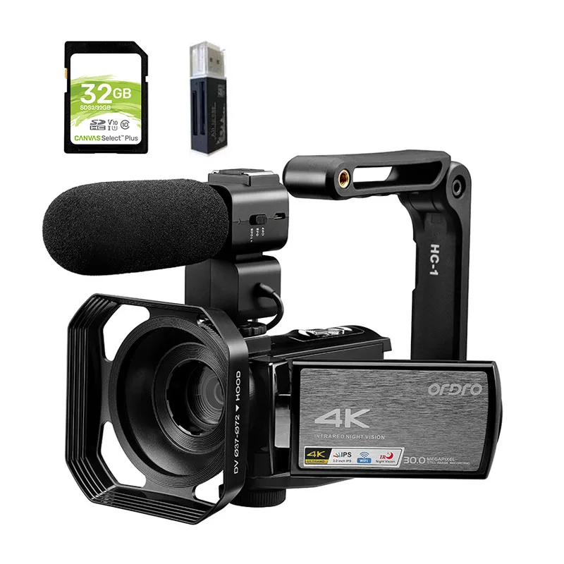 Video Camera 4K Digital Camcorder for Blogger, Ordro AE8 IR Night Vision WiFi Vlogging Camera with Microphone 32GB Memory Card
