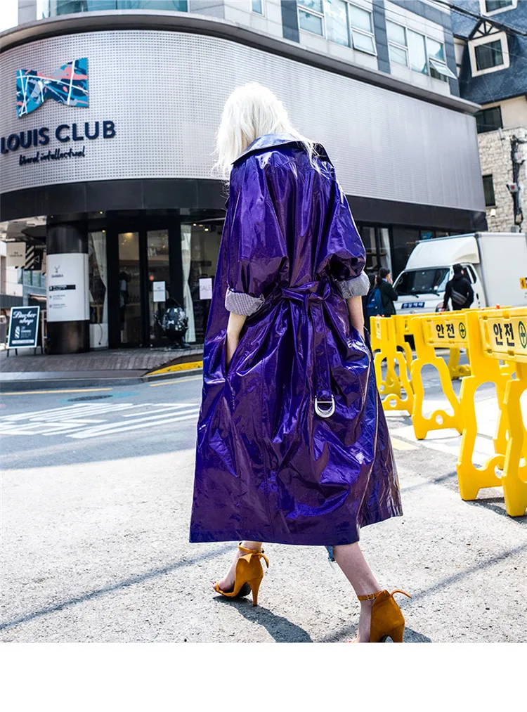 

Mid-length windbreaker female 2019 spring and autumn new retro harbor wind waist bright soft patent leather fur coat