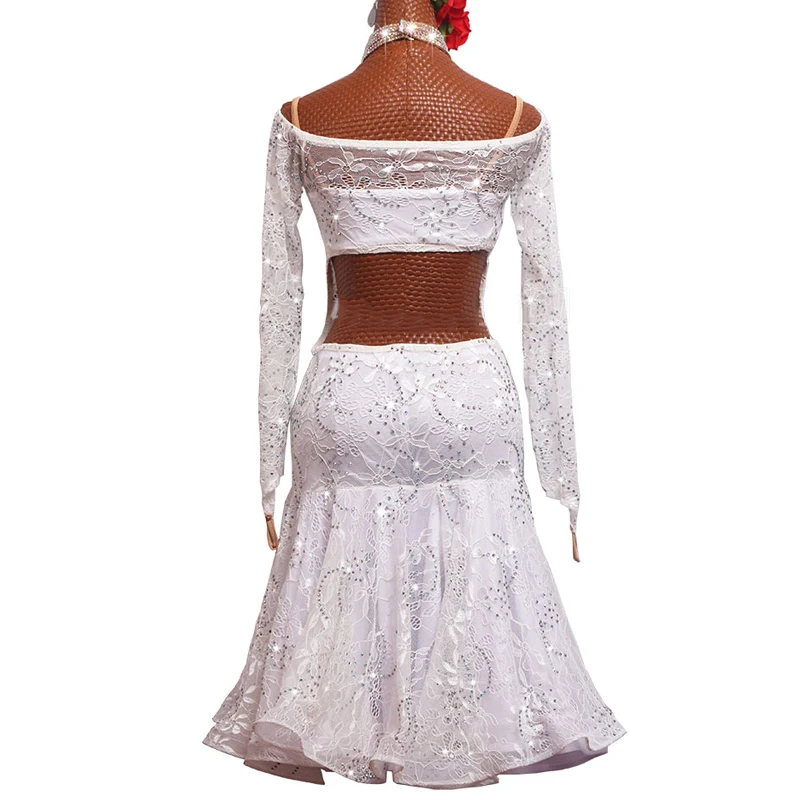Латинское платье для танцев Для женщин белое кружевное платье с длинным рукавом платье конкурс танцев для девочек вечерние выступление латина платье BL2630