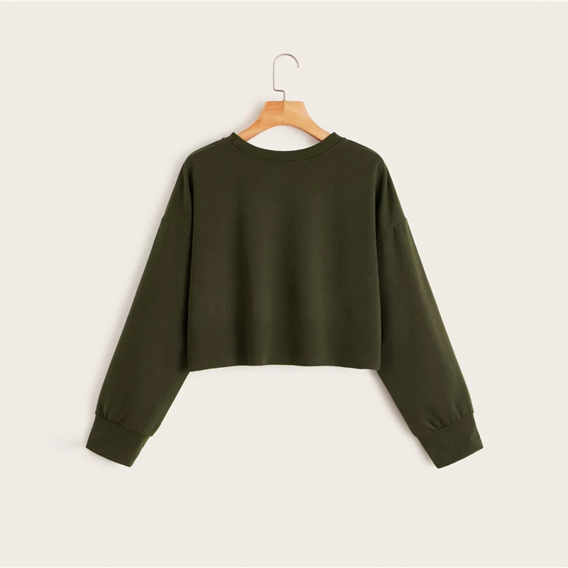 SHEIN Drop Shoulder Raw Hem Crop Sweatshirt Solid Pullover Women Summer Autumn Long Sleeve Round Neck Basic Casual Sweatshirts