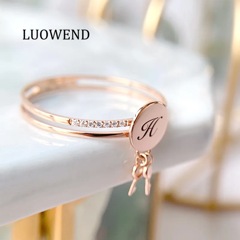 LUOWEND 100% 18K Rose Gold Wedding Band Rings anillos mujer Key Real Natural Diamond Ring for Women Customize Word | Украшения и