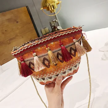 

National Style Straw Bucket Bag Tassel Evening Clutches Purse Women Handbags Ladies Tote Handbags Chains Shoulder Crossbody Bag