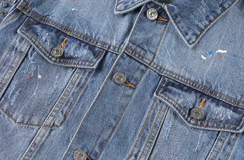Men Ripped Denim Jackets With Rivet Dot Painted Jeans Jackets Outwear For Man Washed Streetwear  (2)