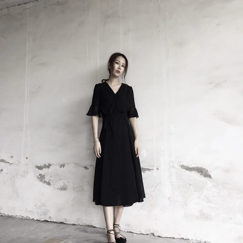 Шифоновое модное черное платье 2020 женские сексуальные летние платья с v-образным