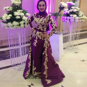 

Burgundy Muslim Satin Evening Dresses Prom Appliques Detachable Train Arabic Vestidos De Fiesta De Noche Robe De Soiree Plus