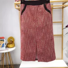 Новинка, Женская миди-юбка с высокой талией, красная, маленькая, с ароматом, твидовая, с разрезом, длинная юбка