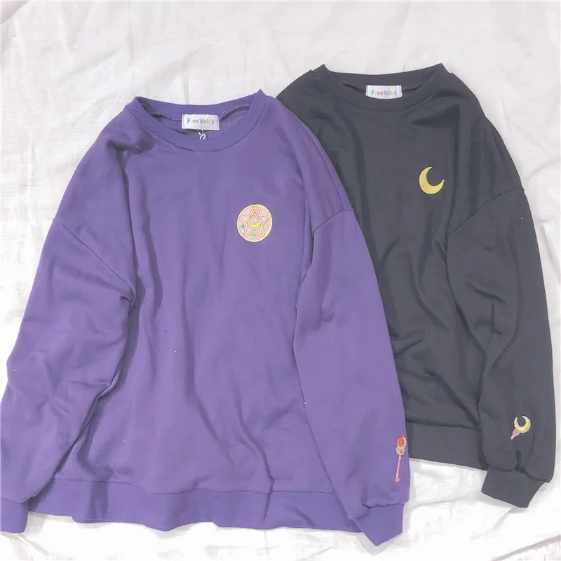

2019 Autumn Harajuku style Kawaii Thin Sweatshirt Women Sailor Moon Embroidery Cosplay Long Sleeve Tops Female Hoodie