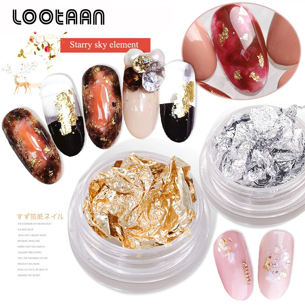 Lootaan 2 коробки Фольга для ногтей золотые серебряные наклейки с блестками