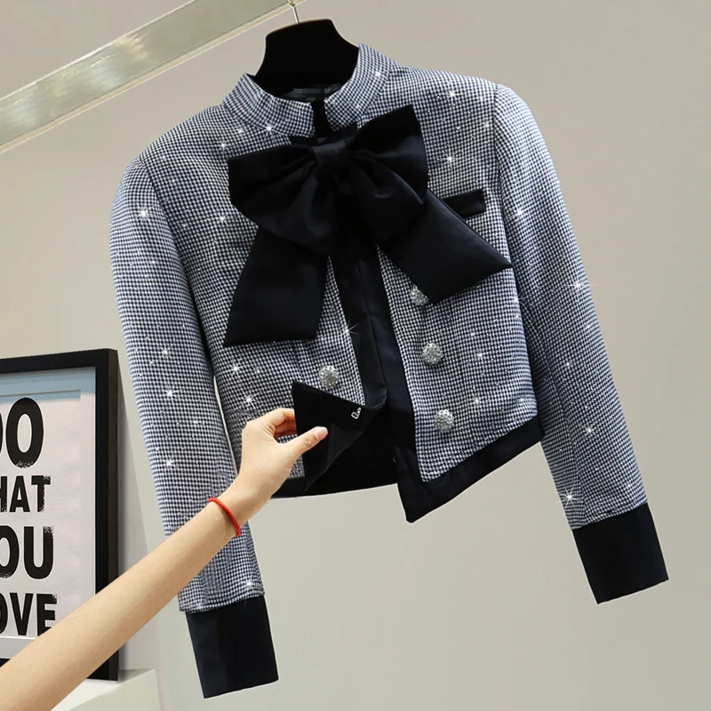 

Женская короткая куртка из твида, с высокой талией и бантом