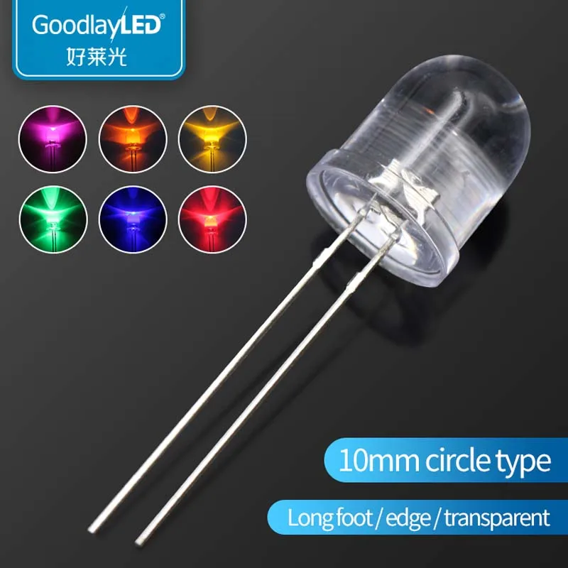 1000PCS Led F10 / 10 mm round head transparent long leg edge white red blue green yellow Light Emitting Diode | Освещение