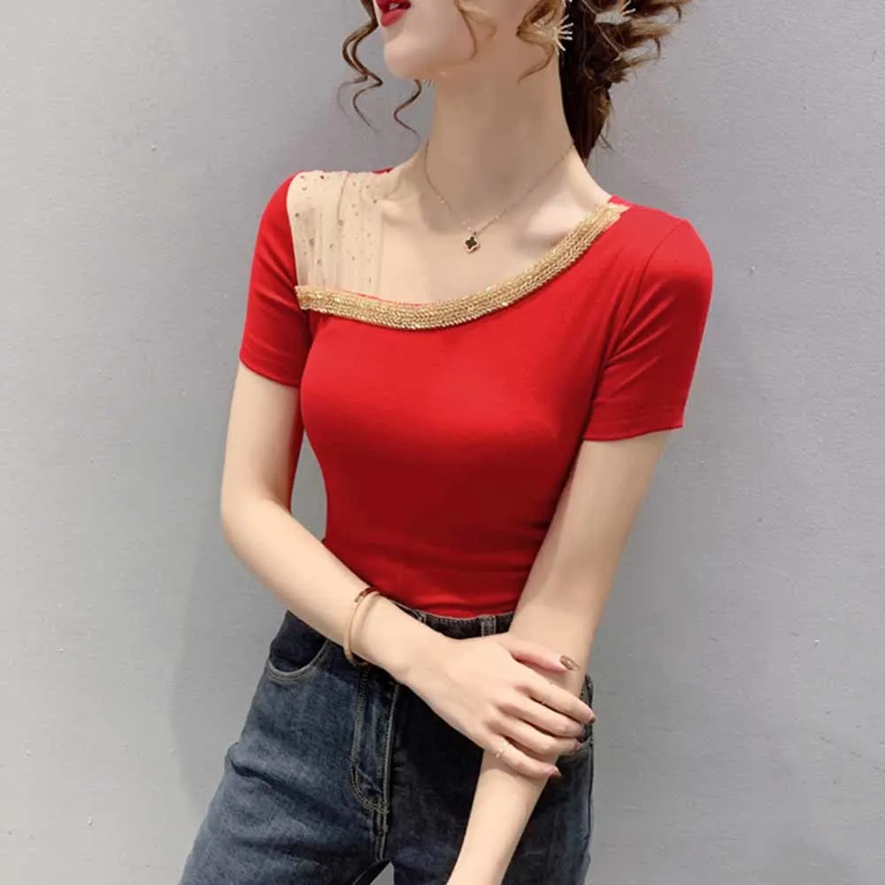 

2022 Spring Summer Korean Style Cotton T-Shirt Fashion Sexy Skew Collar Shiny Diamonds Mesh Women Tops Short Sleeve Tees