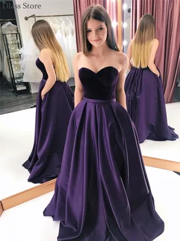 

Simple Satin Prom Dress A-line Strapless Grape Purple Pocket Sweetheart Neck Sleeveless Evening Dress коктейльные платья vestido