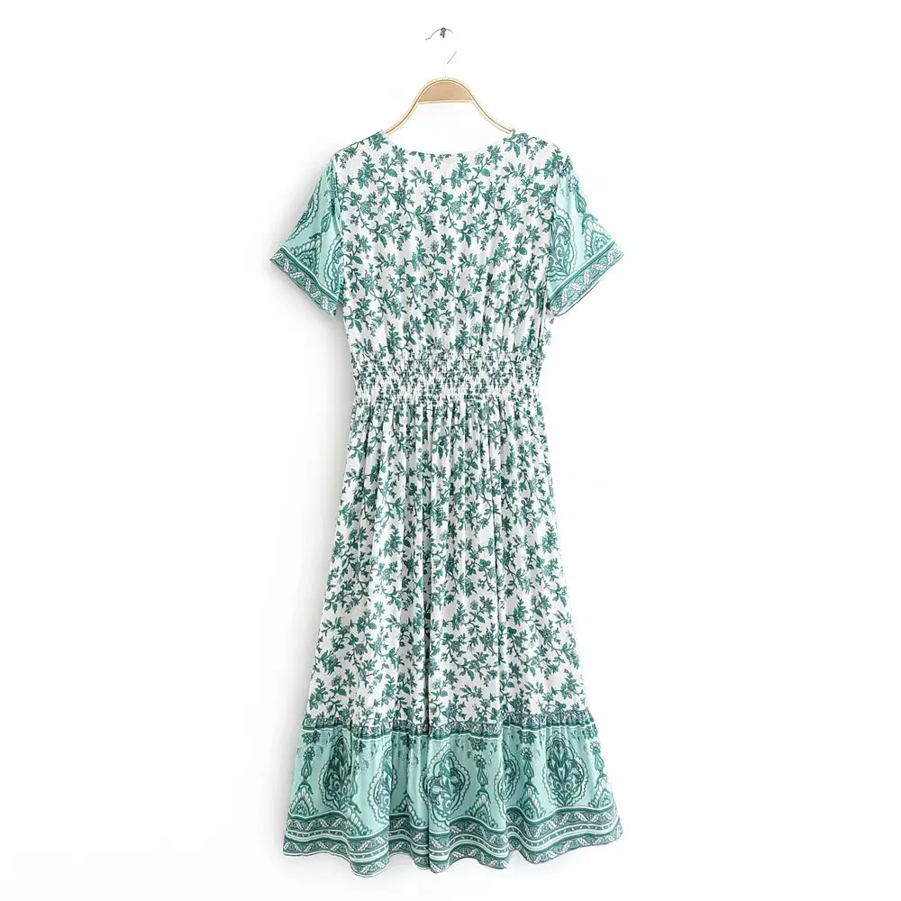 KIYUMI Boho Dress Floral Printed Hippie Maxi Women Rayon Dress Short Sleeves V-neck Vintage Beach Casual Long Dresses Vestidos