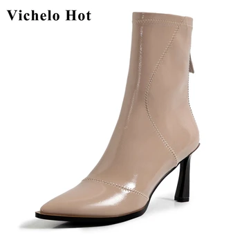 

Vichelo Hot new pointed toe high heel Chelsea boots four colors back zip mature young lady daily wear elegant mid-calf boots L25