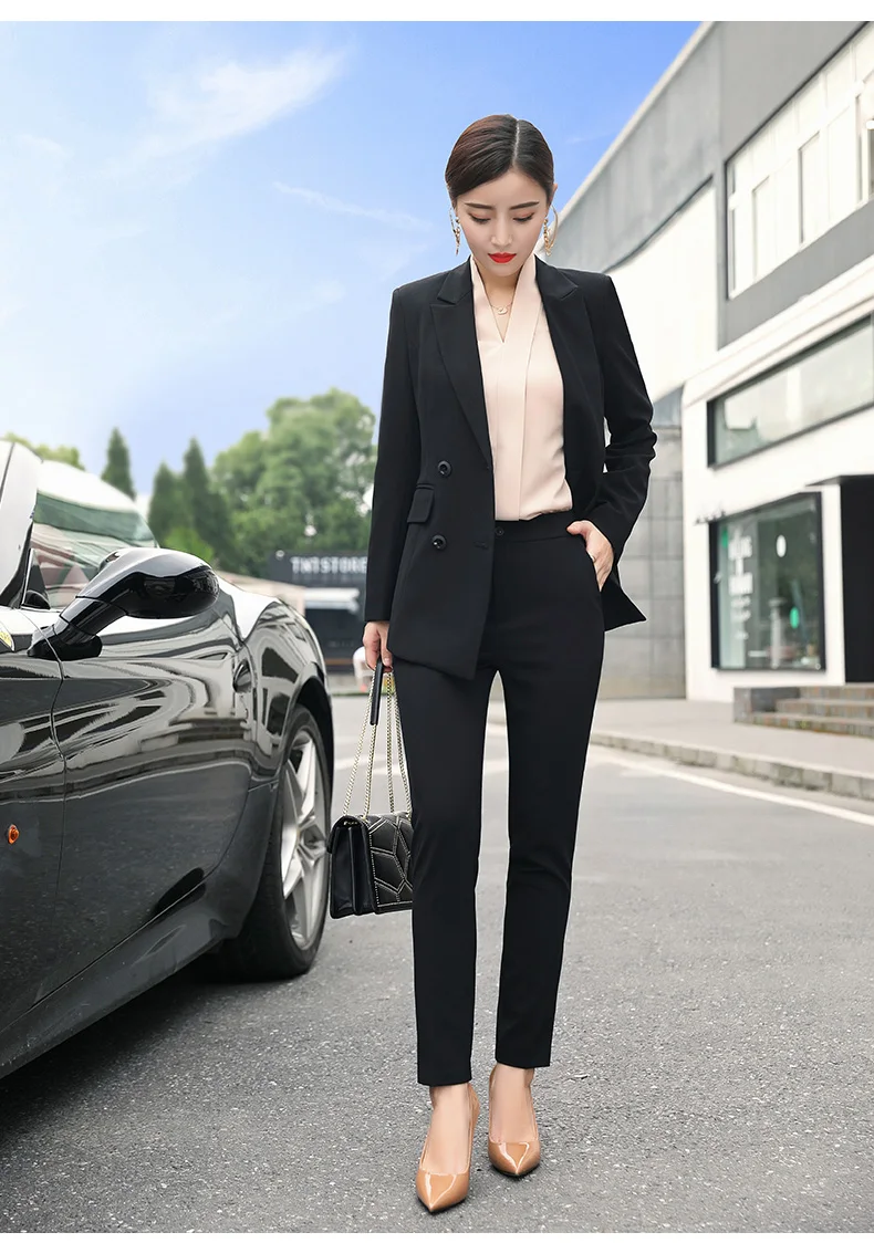 Женский черный синий белый деловой брючный костюм для женщин, большие размеры, женский двубортный блейзер с брюками, женский рабочий брючный костюм