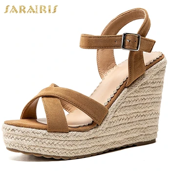 

Sarairis Top Quality High Heels Large Size 43 Wedges women's Shoes Leisure Straw Platform Summer ankle-strap Sandals Woman